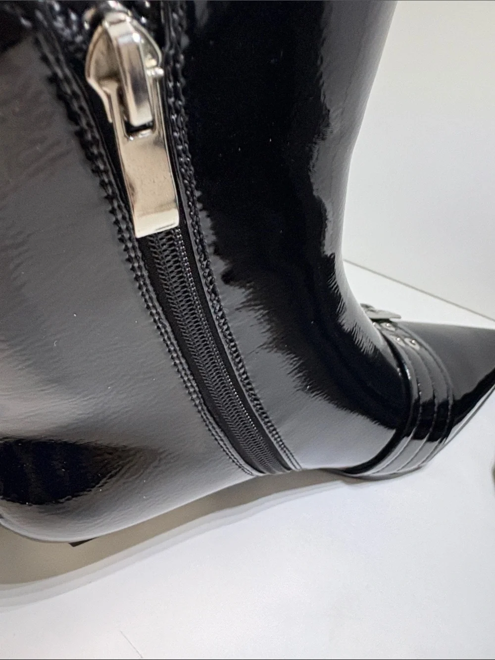 Source Unknown Black Patent Pointed Ankle Boots with Silver Buckle